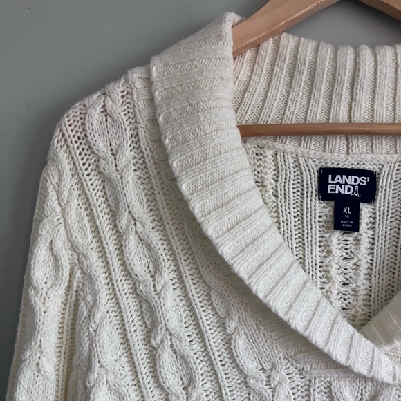 LANDS END Off White Tunic Length Cotton Blend Cable Knit Sweater Size XL - Picture 2 of 11